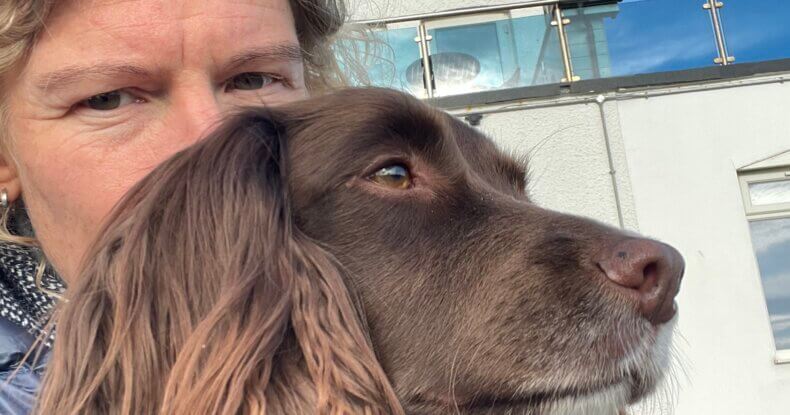 Envy dog relaxing with Carrie in the pub